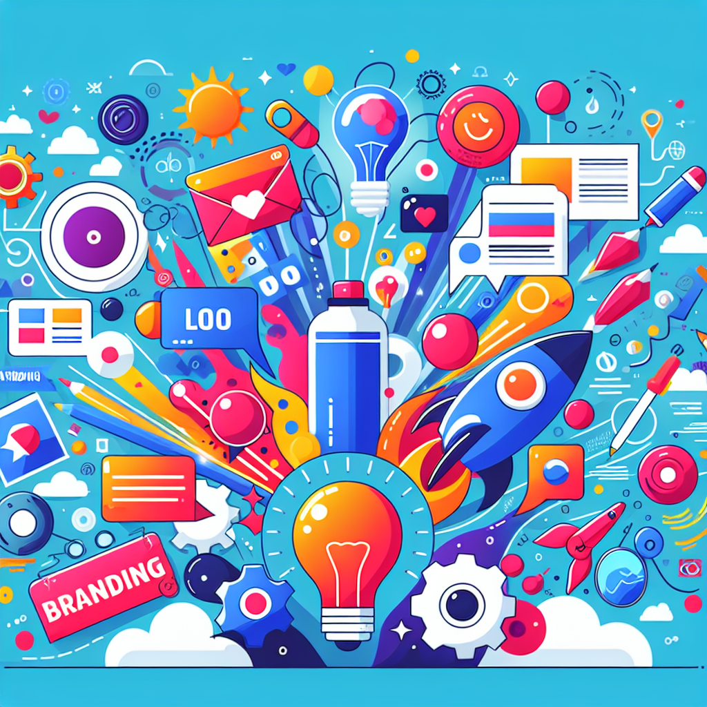 A vibrant illustration depicting branding vs marketing concepts with visual metaphors like logos and advertisements