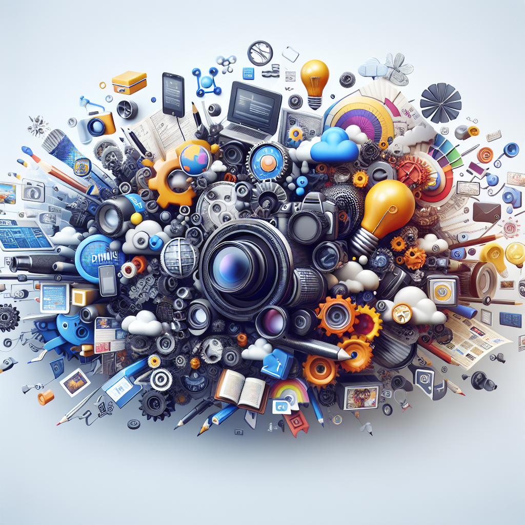 A dynamic visual representation showing various types of marketing techniques including digital ads, print media, social media engagement