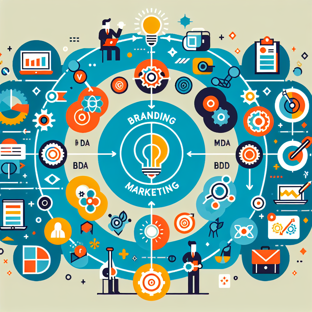 A dynamic infographic illustrating the differences between branding and marketing with visual examples