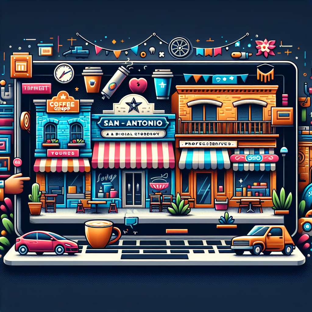 A vibrant digital storefront representing various small businesses in San Antonio with elements like coffee shops, boutiques, and professional services