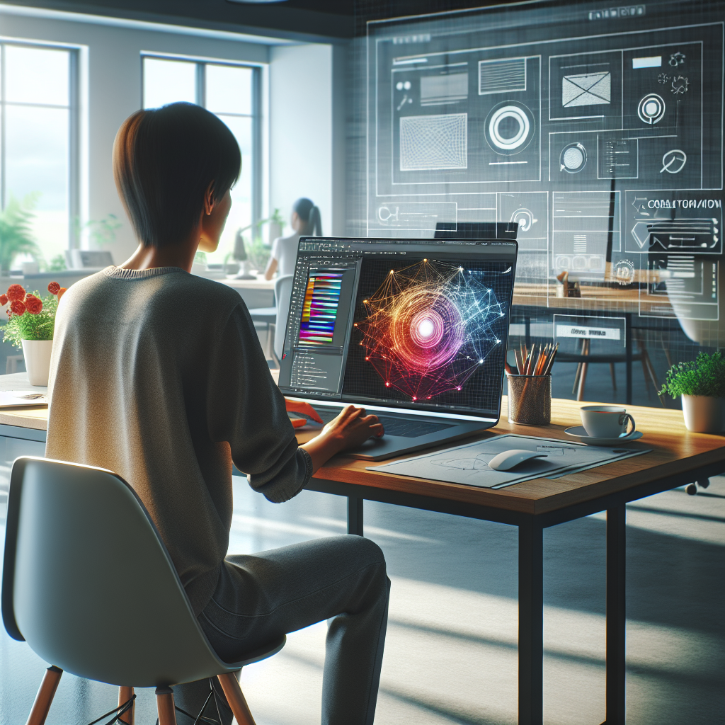A modern workspace showcasing a designer working on a laptop with vibrant web designs on screen