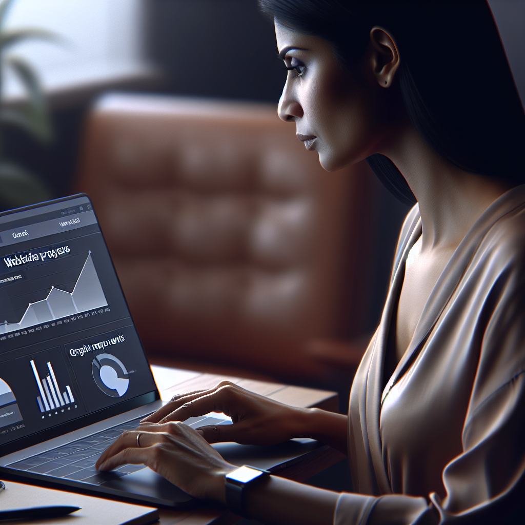 A digital marketing expert analyzing website performance metrics on a laptop with graphs showing improvement