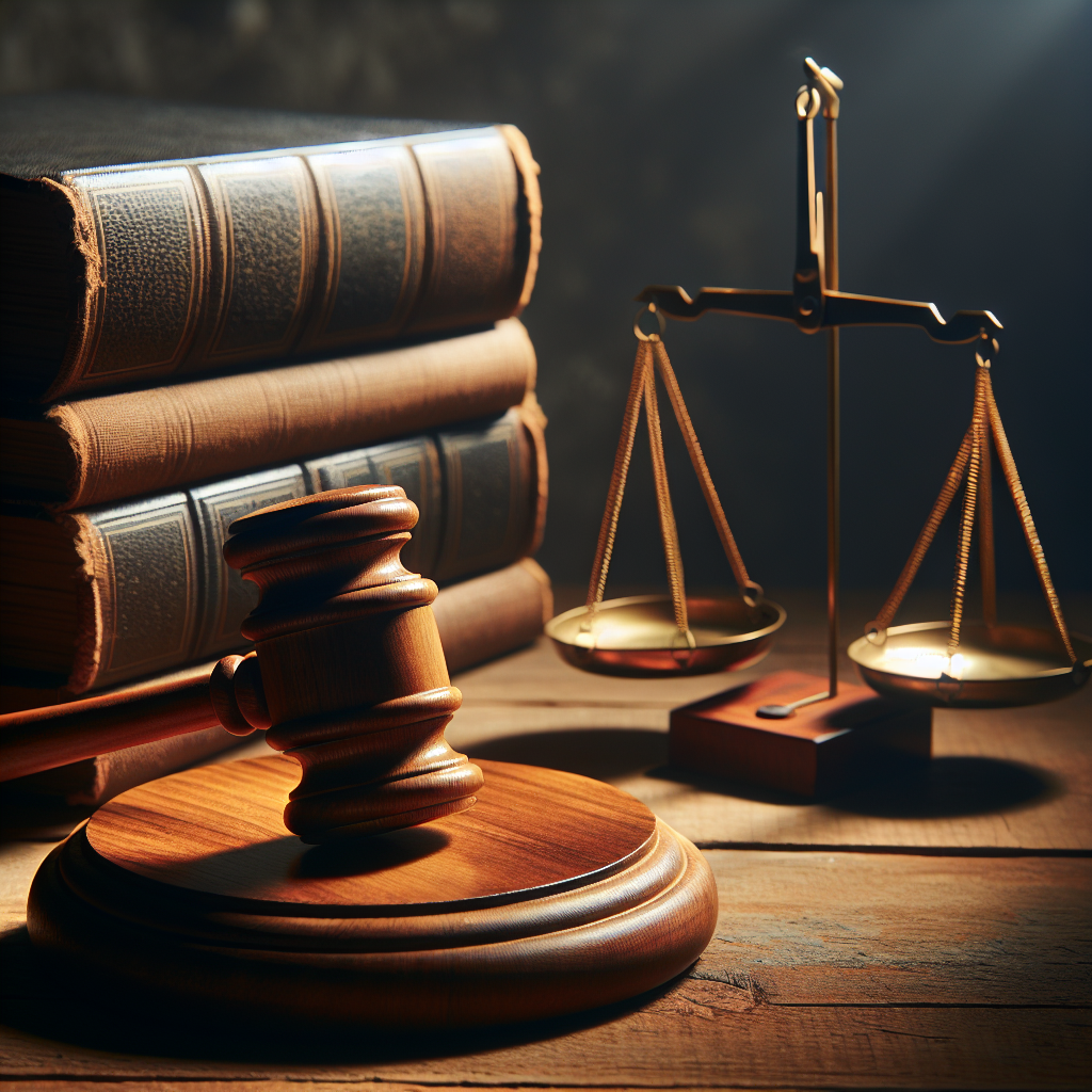 A gavel with scales representing justice and law books in the background