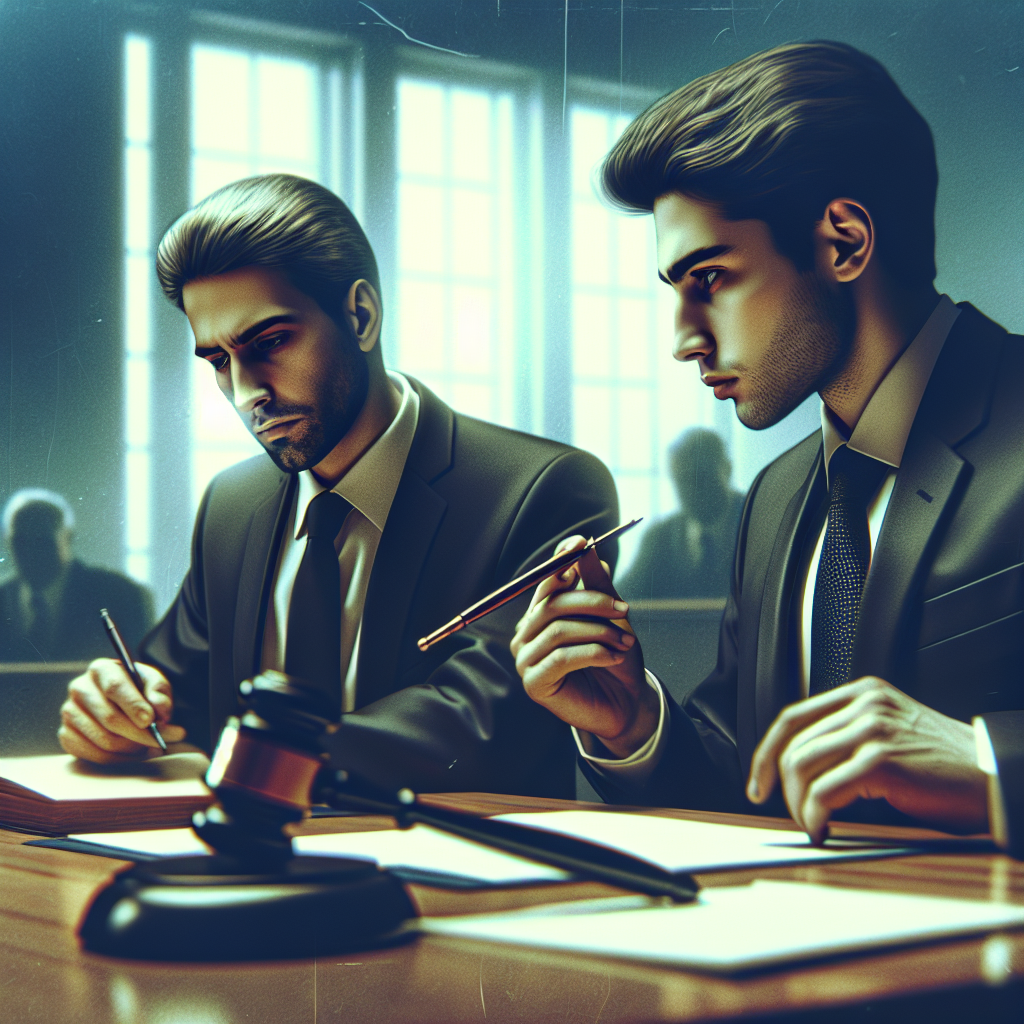 A courtroom scene with a judge's gavel and lawyers discussing