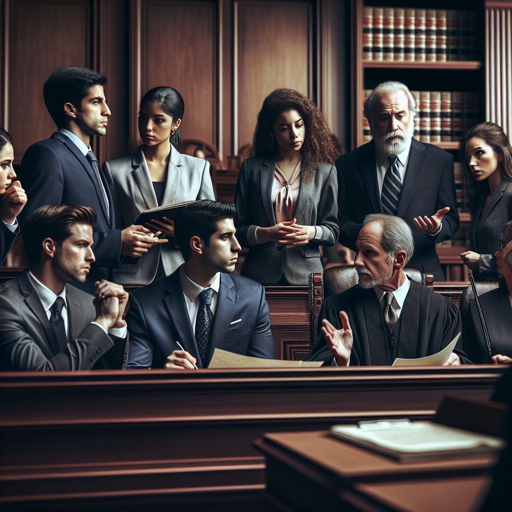 A courtroom scene showing lawyers presenting pre-trial motions