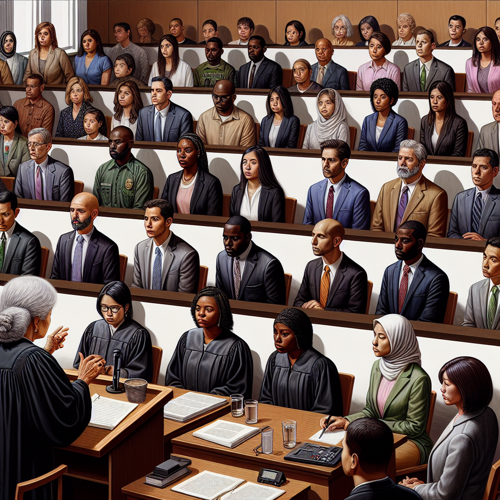 A courtroom scene in San Antonio with a diverse group of people discussing legal matters