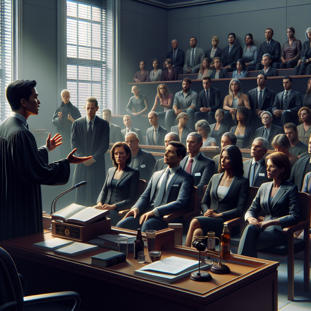 A busy courtroom scene depicting a public defender passionately representing a client