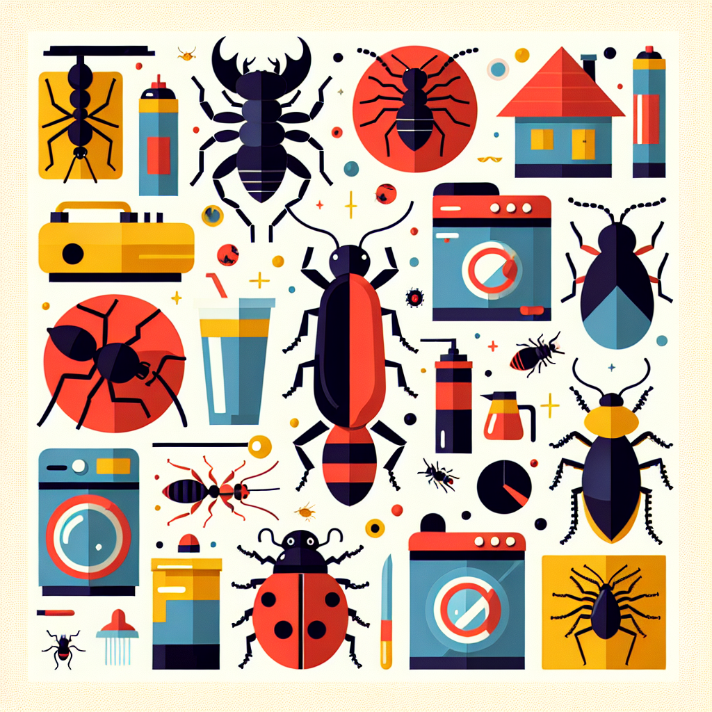 A colorful illustration showing various common pests found in San Antonio such as ants, termites, cockroaches, and bed bugs