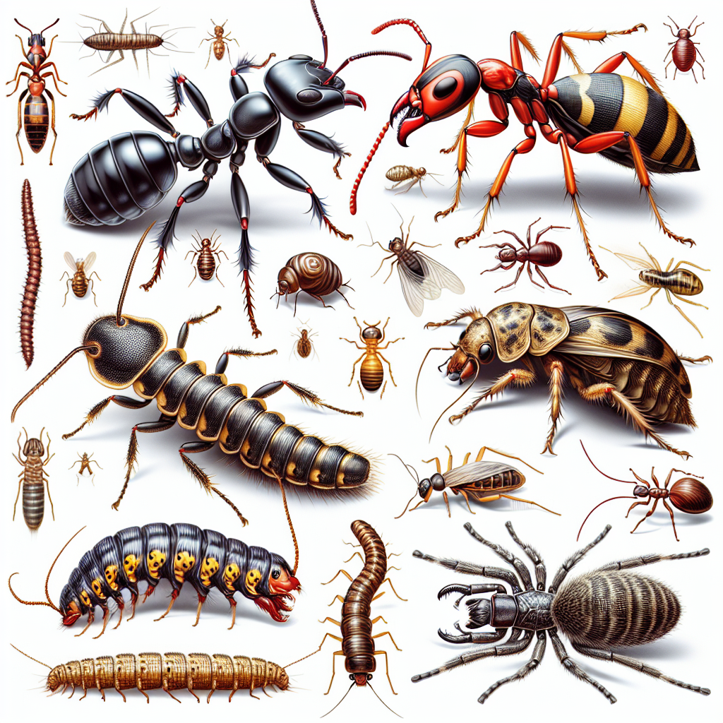 A detailed illustration showing various common pests found in San Antonio such as ants, termites, cockroaches, bed bugs and spiders