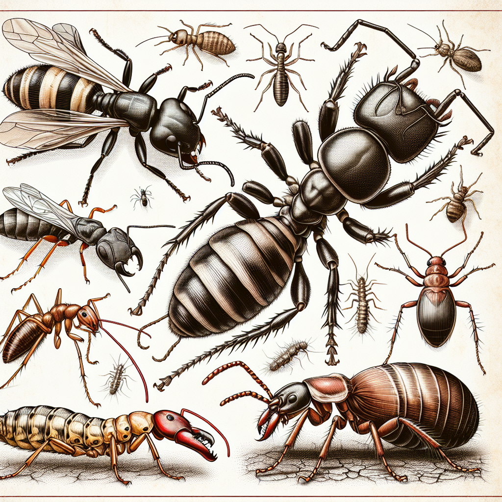 A detailed illustration showing various common pests found in San Antonio including ants, termites, cockroaches, bed bugs and spiders