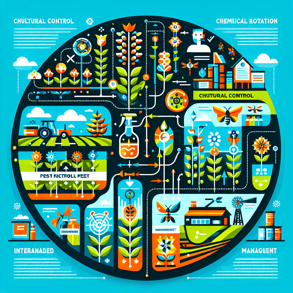 A vibrant infographic showing various pest control strategies including cultural controls, chemical controls, and integrated pest management