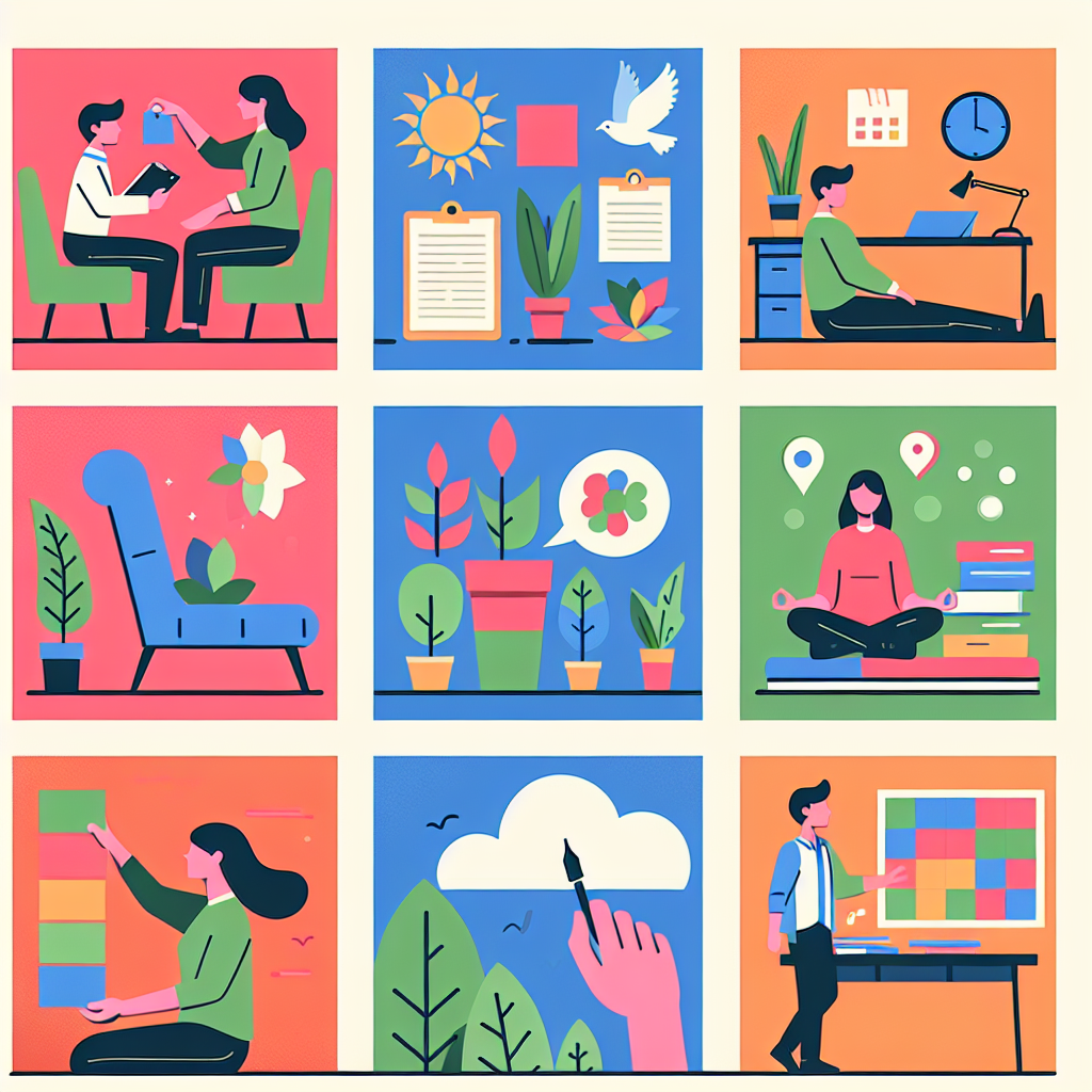 A colorful illustration depicting various aspects of ADHD management including therapy sessions, mindfulness exercises, and organization techniques