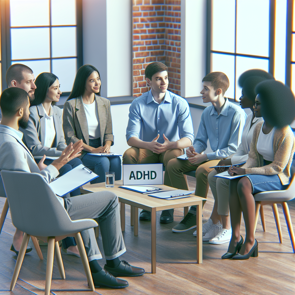 A diverse group of people discussing ADHD diagnosis in a cozy office setting