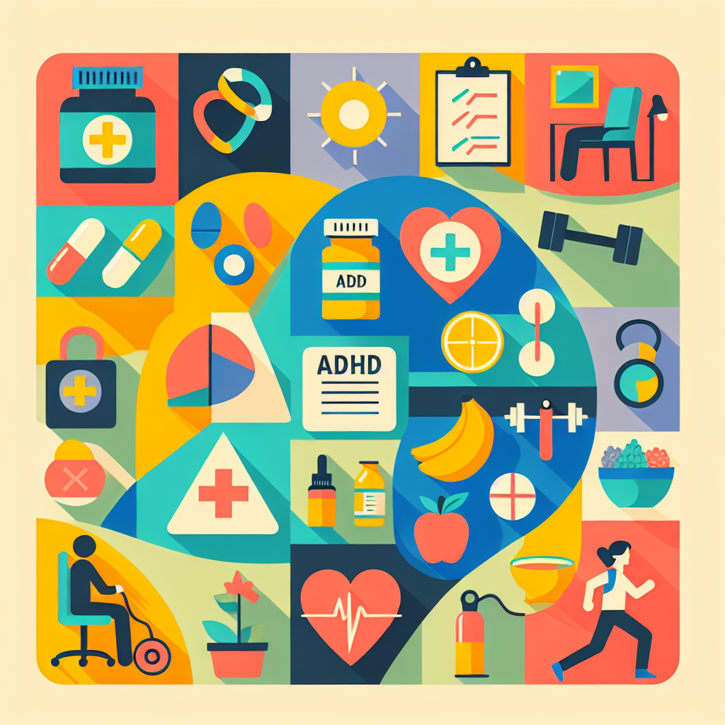 A vibrant illustration depicting various ADHD treatment options like medication bottles, therapy sessions, healthy foods, and exercise activities