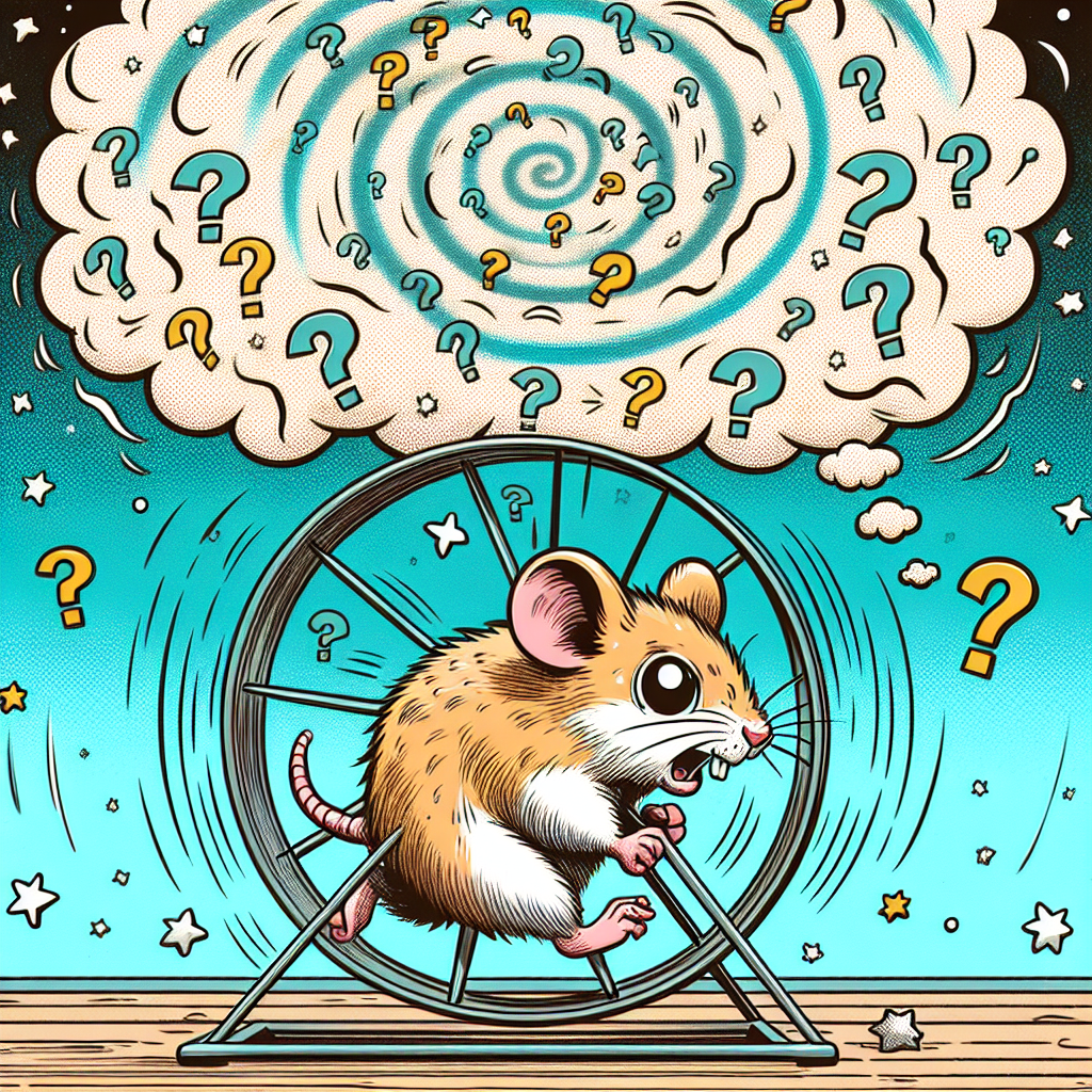 A whimsical illustration of a hamster on a wheel surrounded by swirling thoughts and question marks, representing overthinking in ADHD