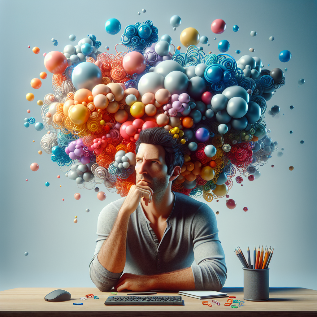 A person sitting at a desk surrounded by floating thought bubbles representing various ideas and worries, colorful and whimsical style