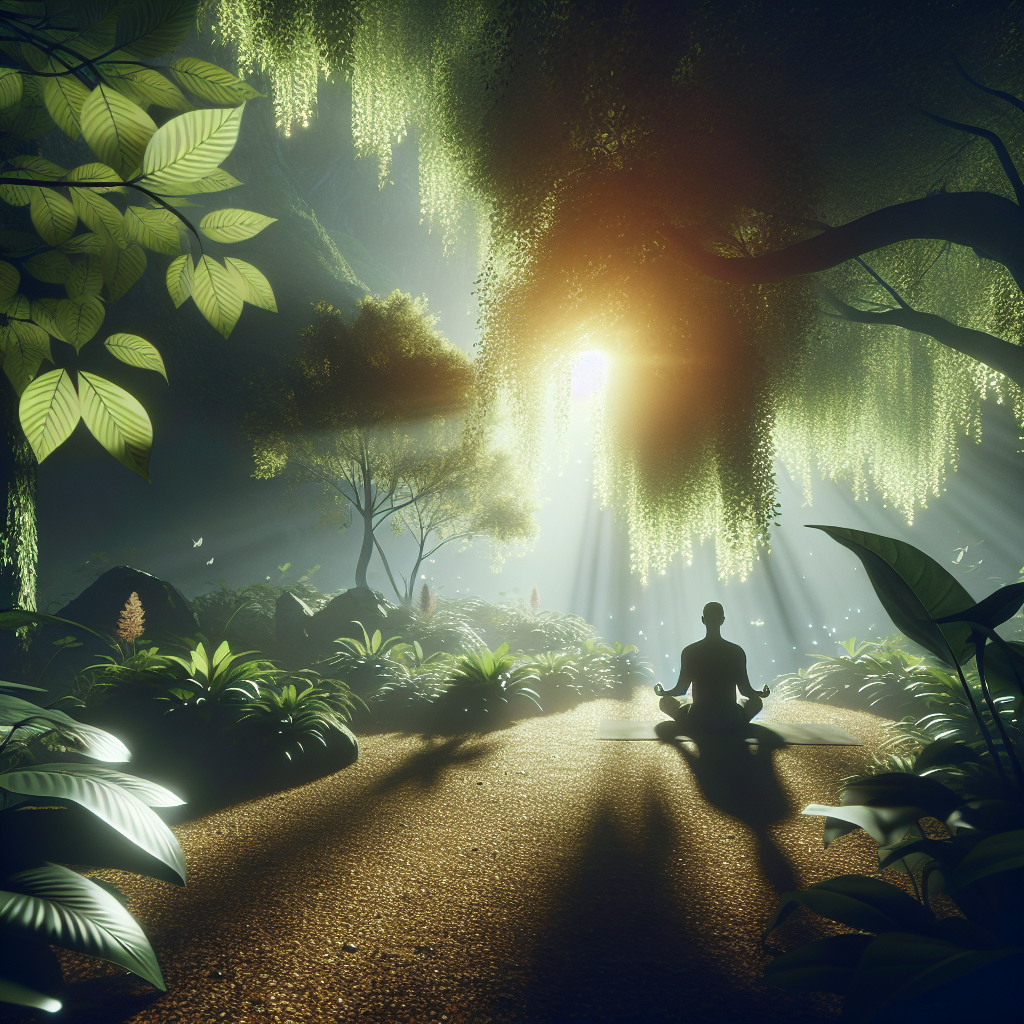 A person sitting cross-legged in a serene environment practicing mindfulness, surrounded by nature