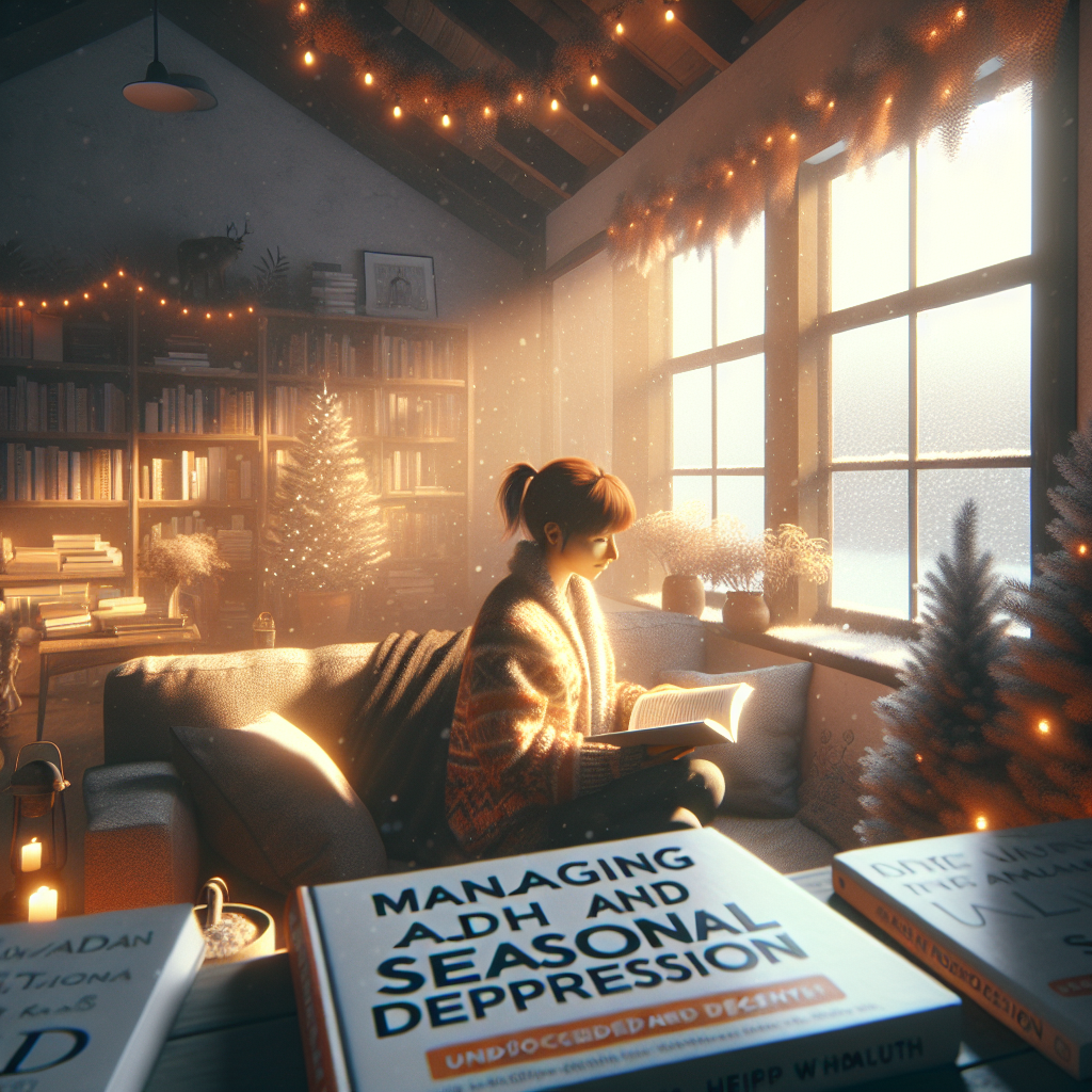 A cozy indoor scene during winter with warm lighting, depicting an adult reading self-help books about managing ADHD and seasonal depression. A window shows snow falling outside.