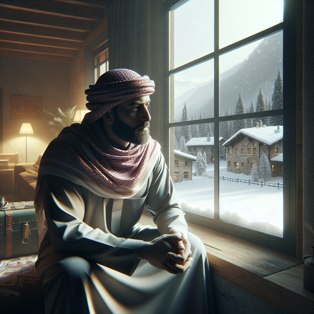 A person sitting by a window during winter with snow outside, looking contemplative with warm lighting inside