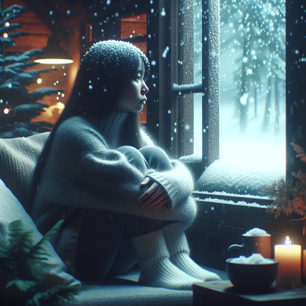 A cozy winter scene depicting a person feeling melancholic while looking out at falling snow, symbolizing seasonal affective disorder