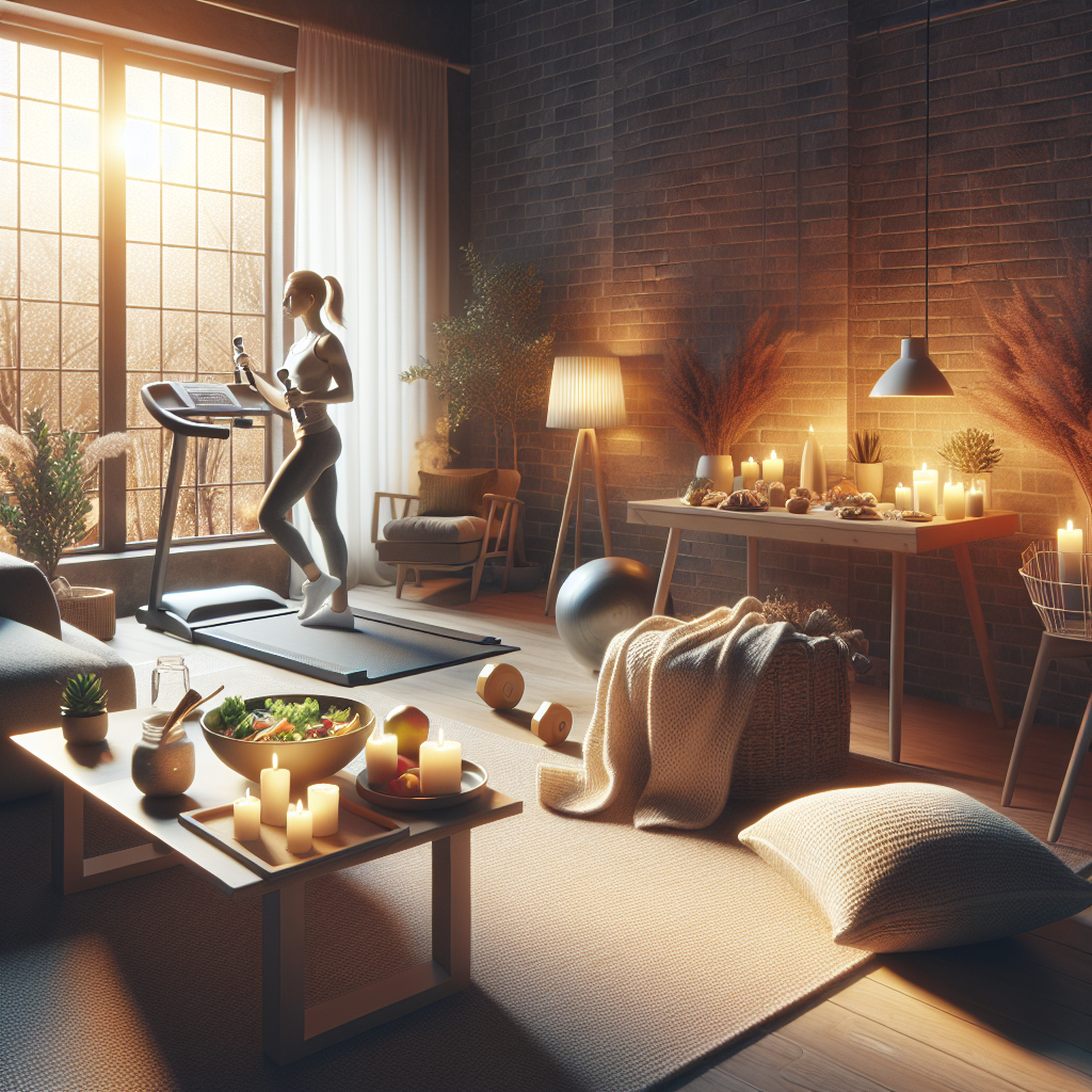 A cozy indoor scene depicting an adult practicing self-care during winter, featuring warm lighting, exercise equipment nearby, healthy food options on the table, and a window showing soft daylight