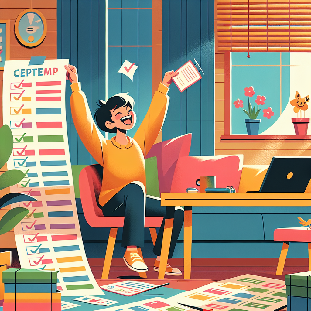 A vibrant illustration showing a person with ADHD joyfully organizing their daily routine with colorful charts and checklists in a cozy home office setting
