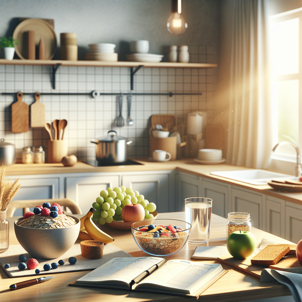 A bright and inviting kitchen scene in the morning, showing healthy breakfast options, water, and a planner on the table