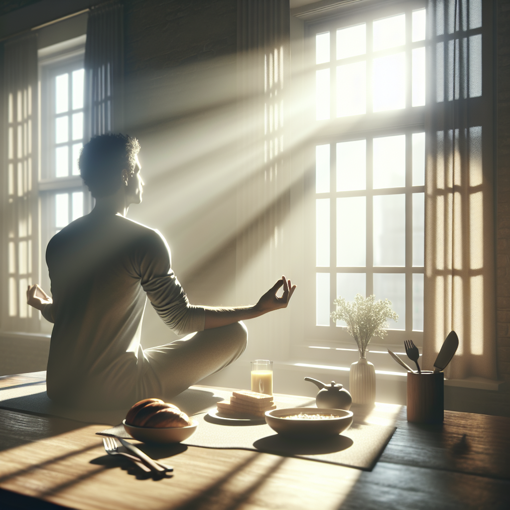 A serene morning scene depicting someone practicing mindfulness during breakfast, with soft sunlight streaming in through the window