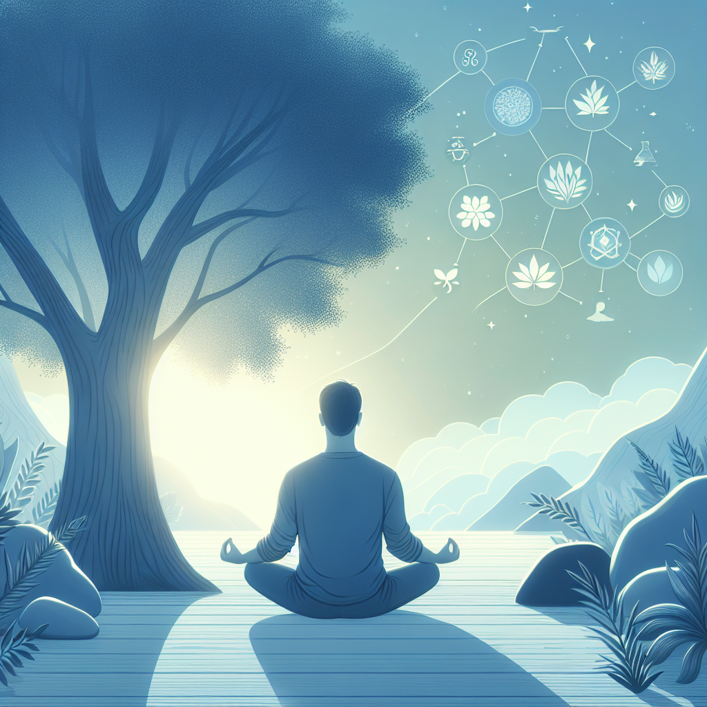 A visual representation of stress management techniques for adults with ADHD, featuring calming colors and symbols of mindfulness like meditation and nature.
