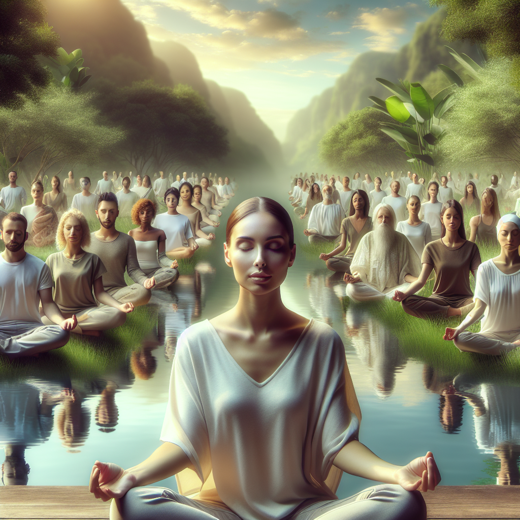A serene scene depicting mindfulness practices such as meditation and deep breathing exercises in nature