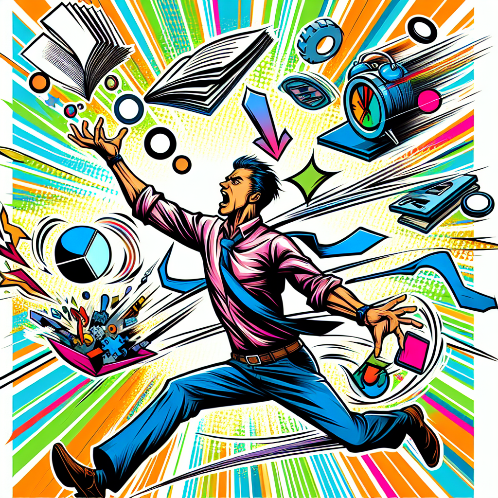 A colorful illustration of a person juggling various tasks in a busy day, representing the challenges of living with ADHD