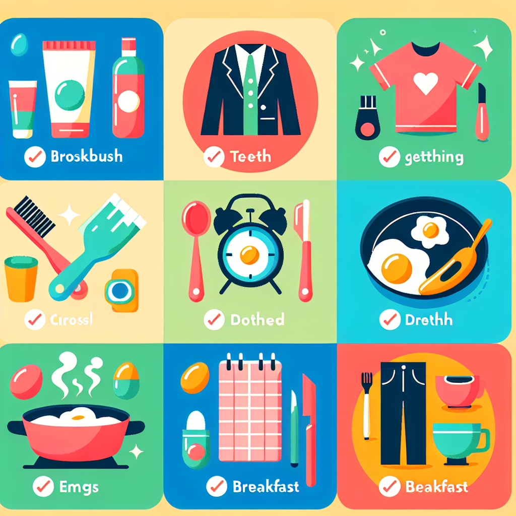 A colorful visual schedule for managing ADHD in the morning, showing tasks like brushing teeth, getting dressed, and making breakfast