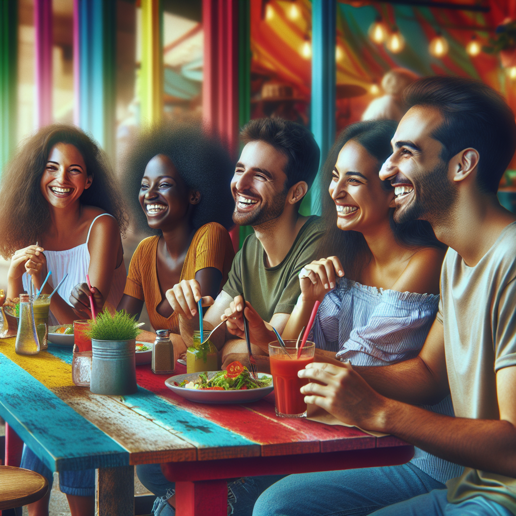 A diverse group of adults enjoying lunch together at a cafe, laughing and engaging in conversation, with vibrant colors and an inviting atmosphere.
