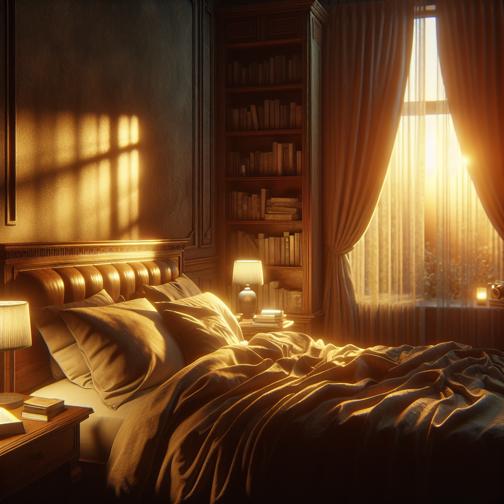 A cozy bedroom at dusk with soft lighting, books on a nightstand, and calming decor that conveys relaxation