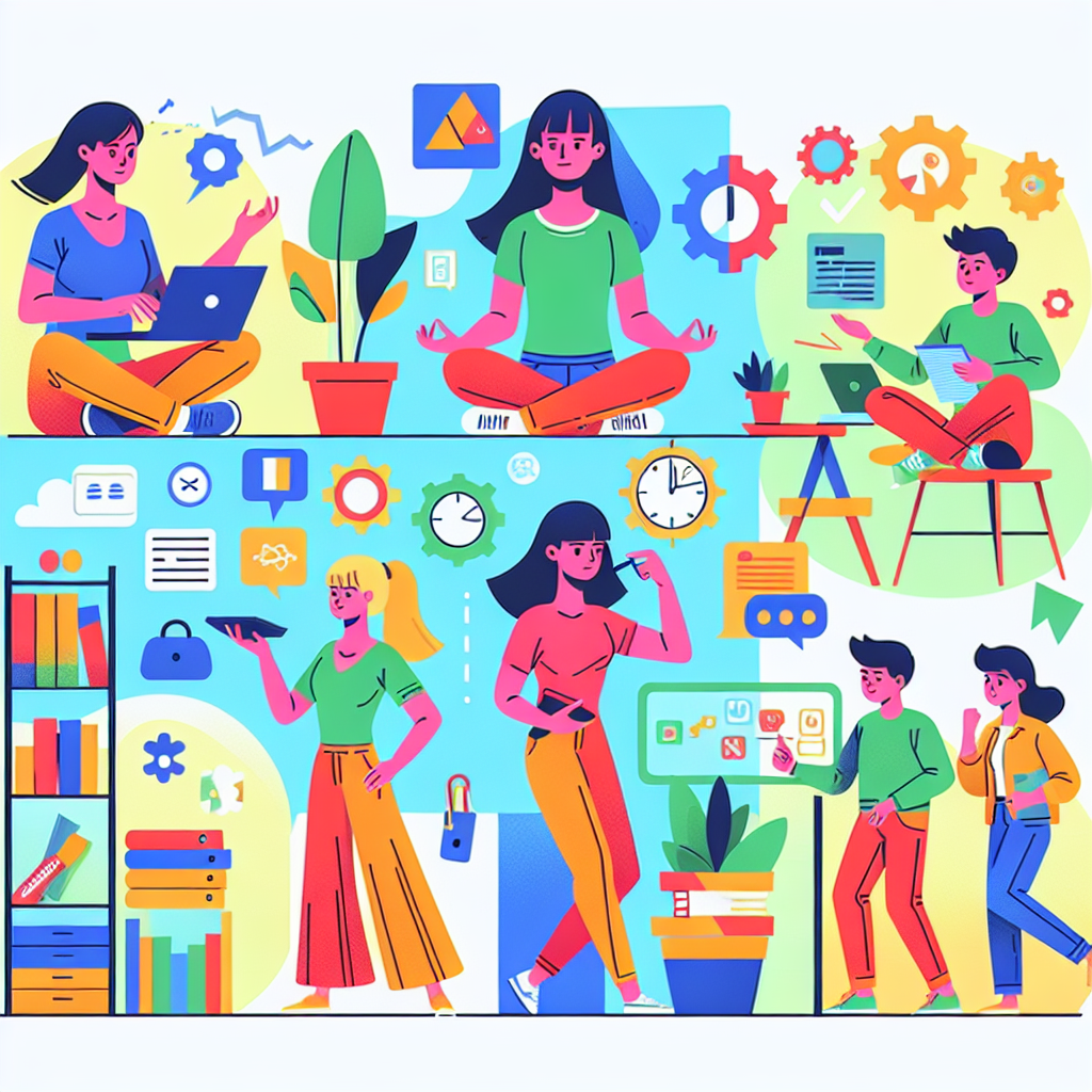 A vibrant illustration depicting various ADHD management strategies in action, showcasing both children and adults engaged in activities like organizing tasks, practicing mindfulness, and using technology tools