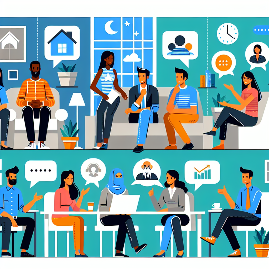 A colorful illustration of diverse people communicating effectively in various settings (home, office, school), showcasing active listening and clear expression.