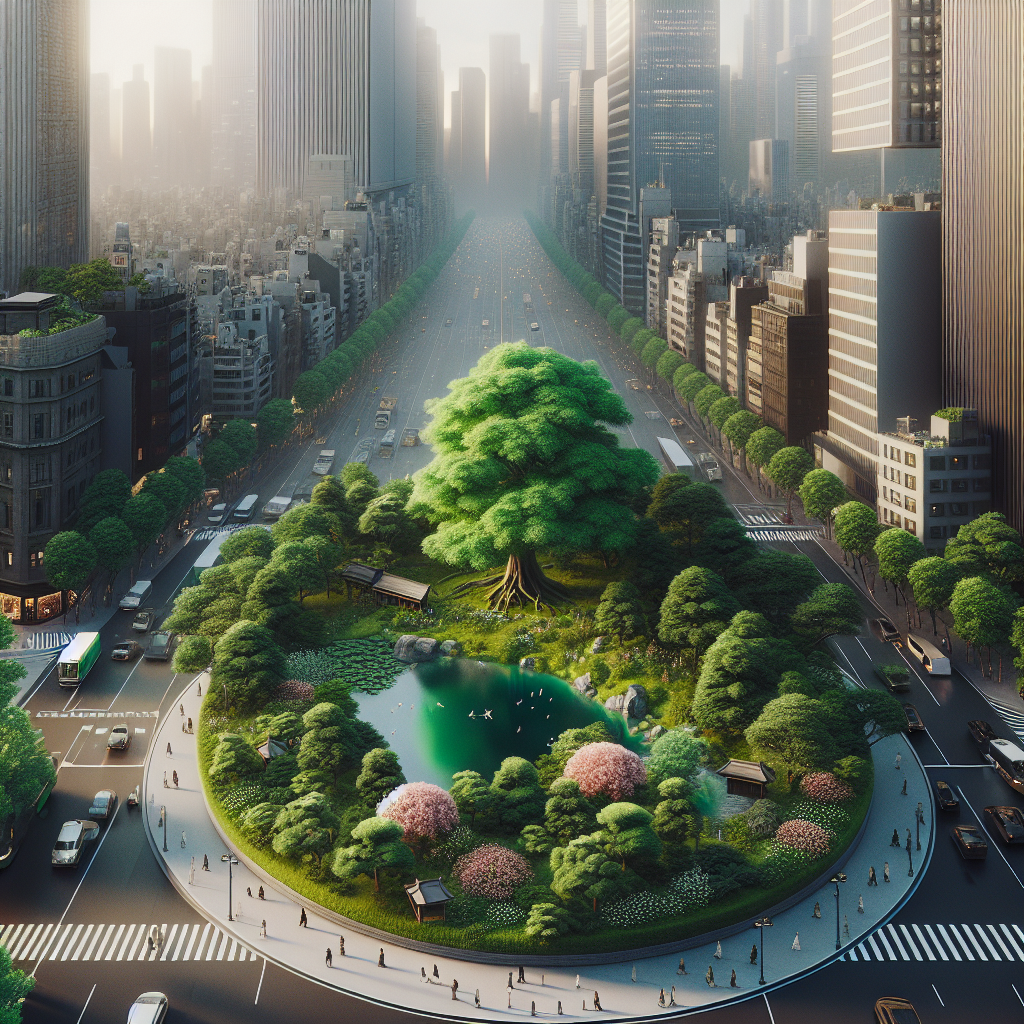 A serene park surrounded by busy city streets symbolizing mindfulness and calmness amidst chaos