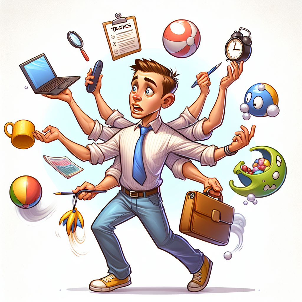 A whimsical illustration showing an adult juggling various daily tasks like work, relationships, and hobbies while looking confused. Bright colors and cartoonish style.
