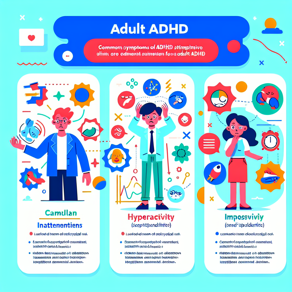 A colorful infographic illustrating common symptoms of adult ADHD, including inattentiveness, hyperactivity, and impulsivity. The style is flat design with cartoonish characters depicting each symptom.