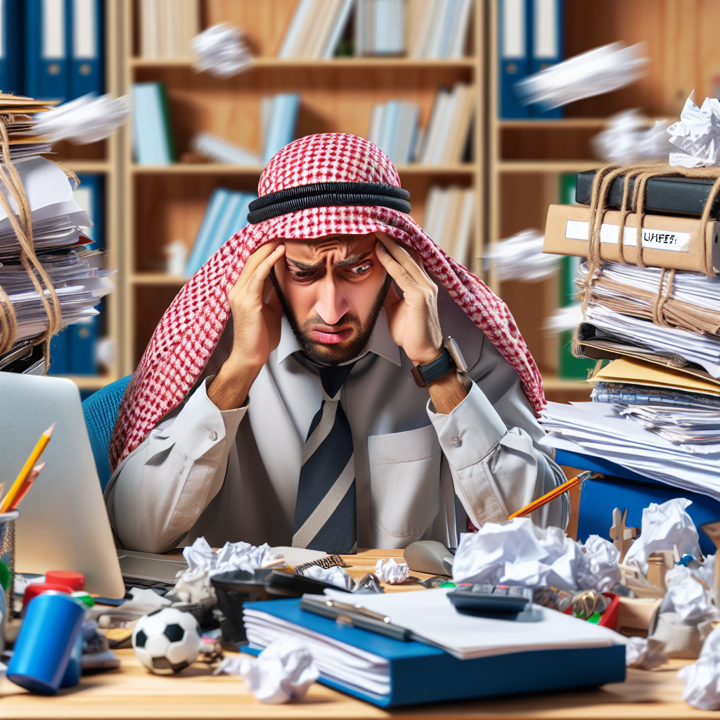A person sitting at a desk surrounded by clutter and distractions, looking overwhelmed while trying to focus on work