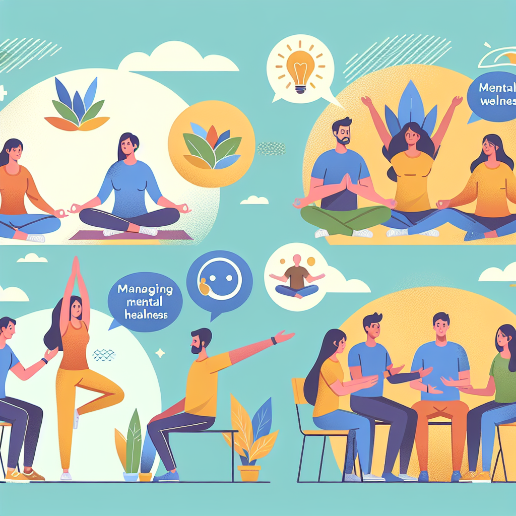 A vibrant illustration showing diverse adults engaging in various holistic activities like yoga, meditation, exercise, and group discussions about ADHD management