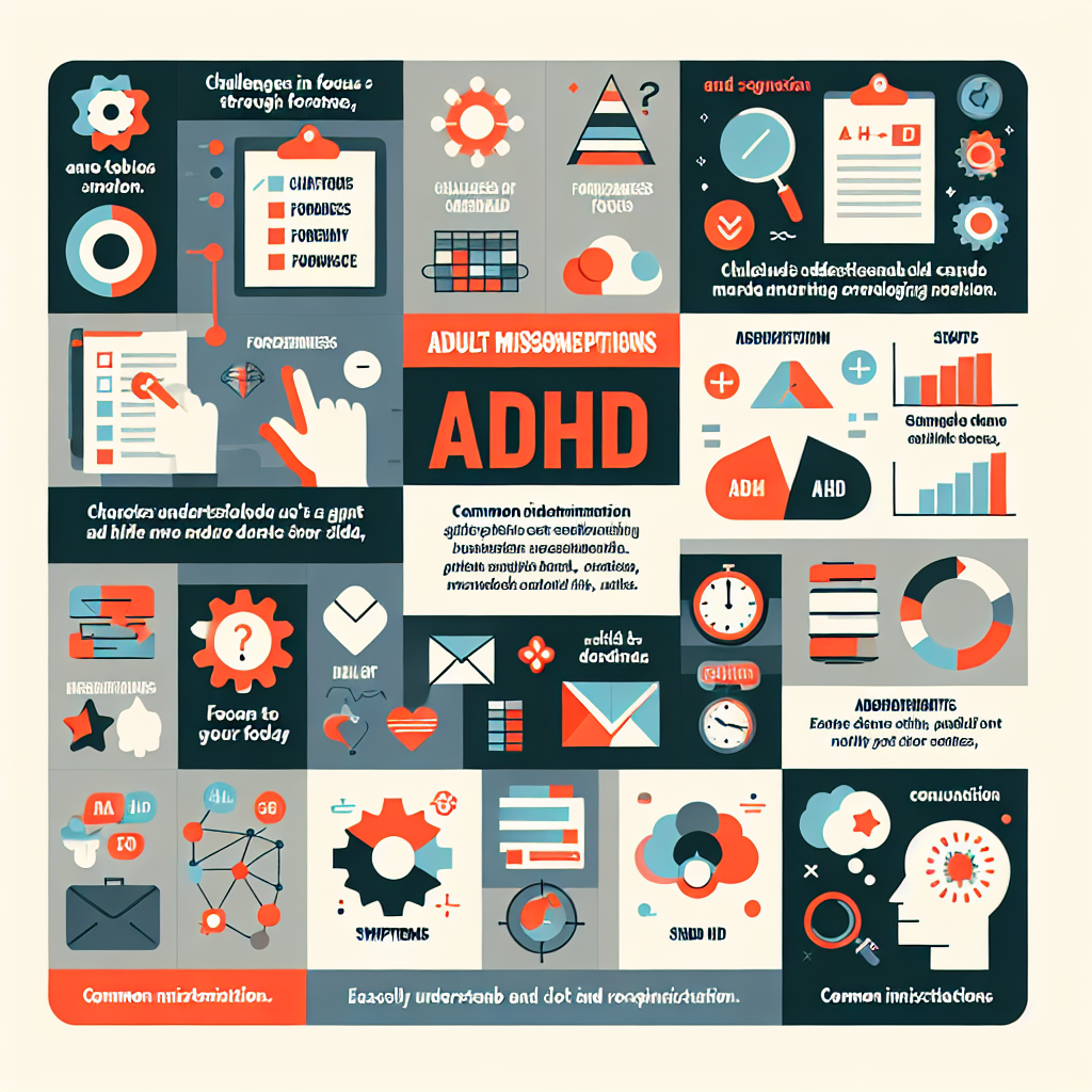 An infographic illustrating symptoms and misconceptions about adult ADHD