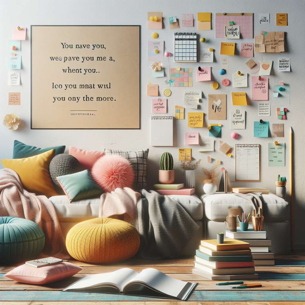 A cozy workspace with colorful sticky notes, organized planner, and motivational quotes on wall