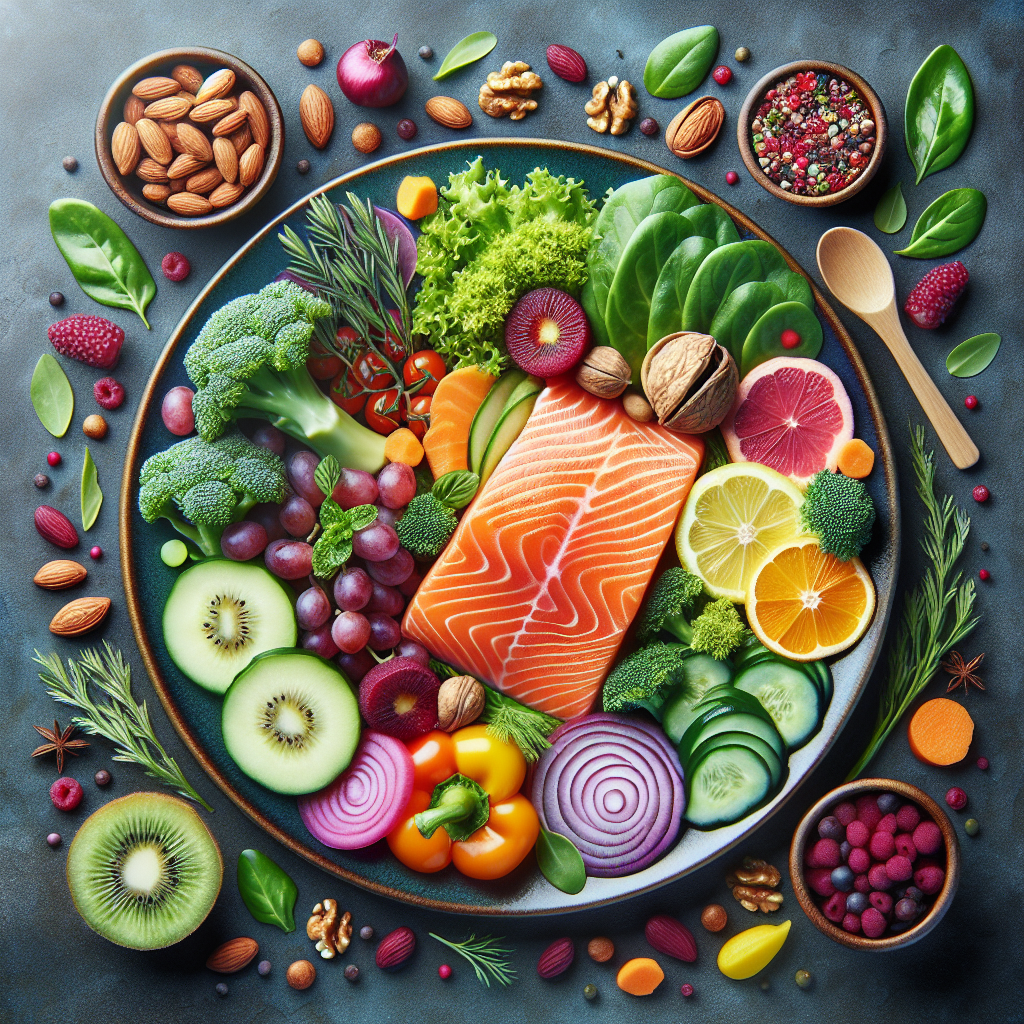 A vibrant plate filled with healthy foods such as salmon, vegetables, nuts, and fruits arranged artfully