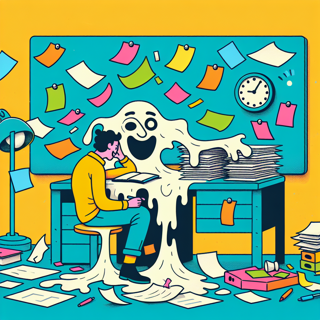 A colorful illustration showing a chaotic desk with scattered papers, clocks melting like in Salvador Dali's paintings, and a person joyfully organizing their tasks with colorful sticky notes.