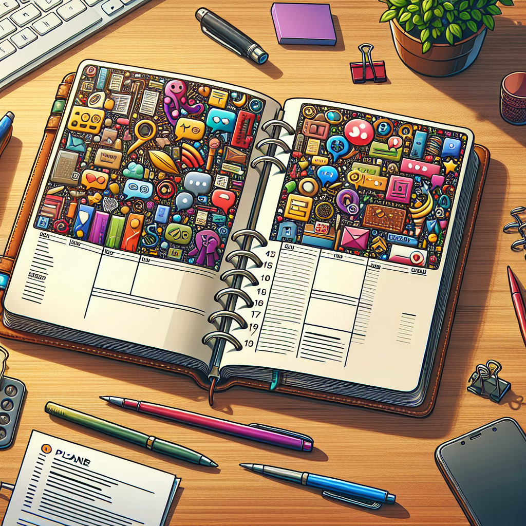 A colorful planner open on a desk filled with notes and reminders