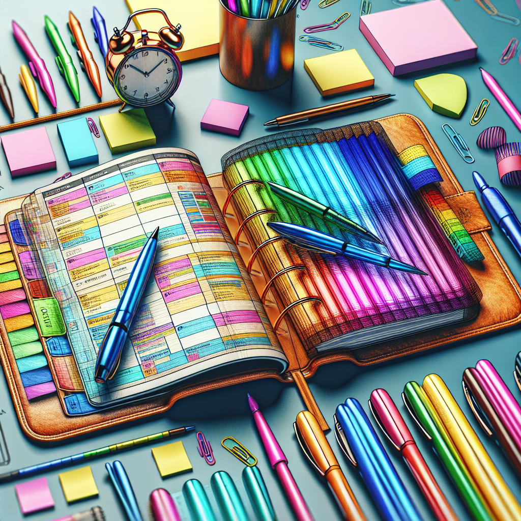 A colorful planner open on a desk with various colored pens, sticky notes, and a timer next to it