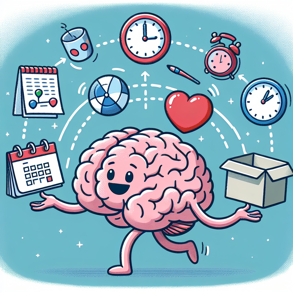A whimsical illustration showing a brain juggling various tasks like planning, organizing, and emotional regulation