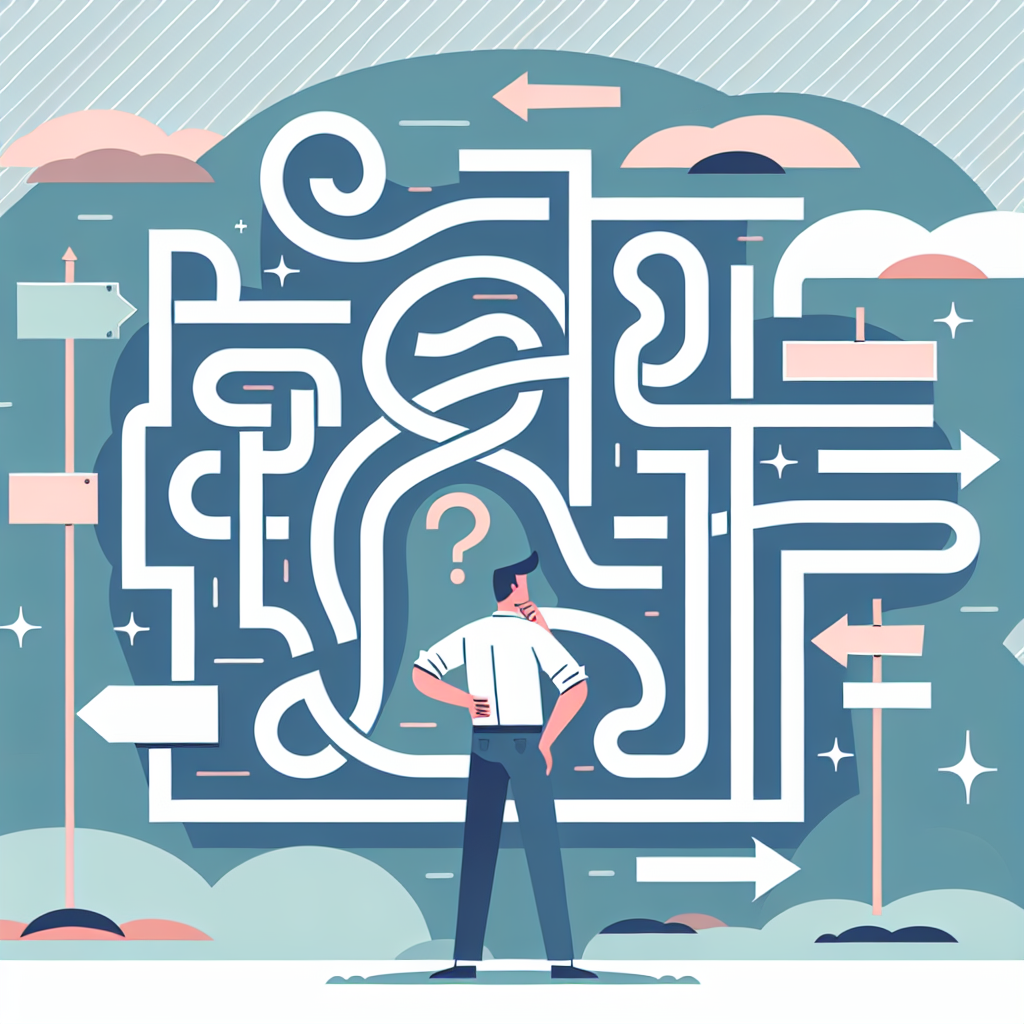 A whimsical illustration depicting a confused person trying to navigate a maze with signs pointing in different directions, symbolizing executive dysfunction