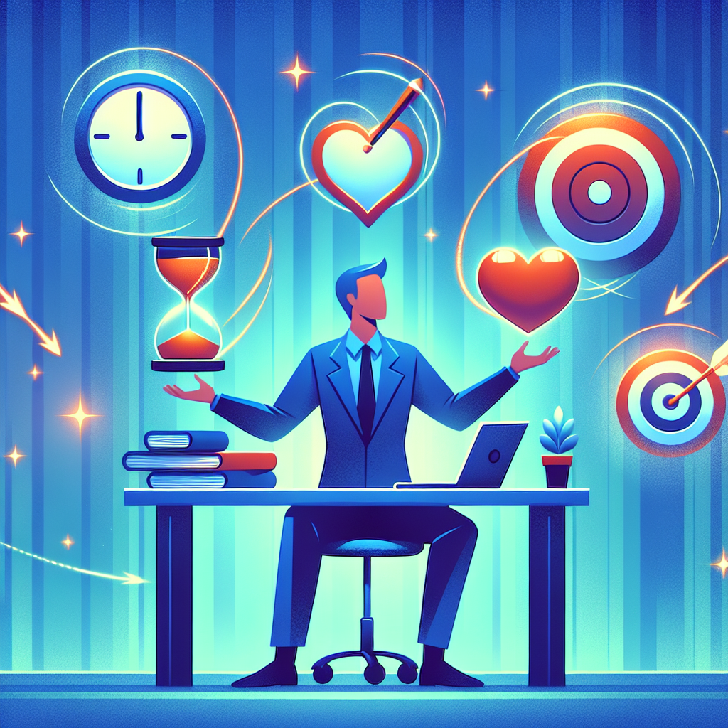 A vibrant illustration of a person juggling tasks like time management, emotional regulation, and goal-setting while sitting at a desk